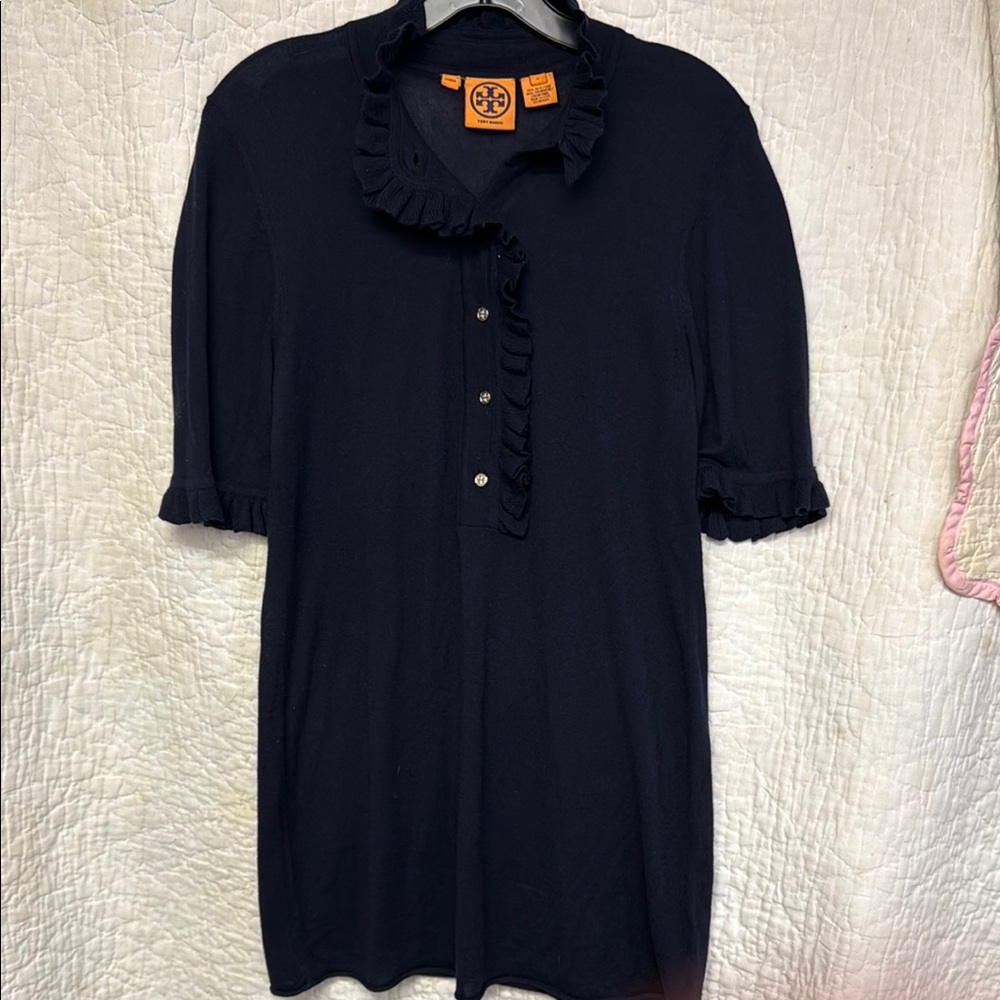 Women’s Tory Burch Navy Blue Silk Cashmere Ruffle Blouse – Size L